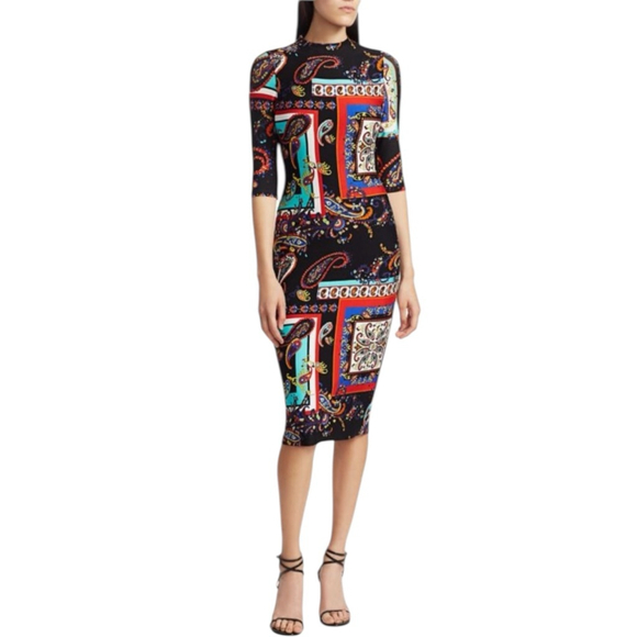 Alice + Olivia Delora Paisley Bodycon Dress Size 6 Colorful Midi Stretch Classic - Picture 3 of 16